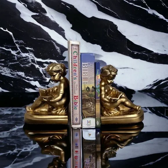 Vintage Pair faux Brass Bookends Boy Reading a Book~Gold Art Deco Decor~Cherubs - Picture 2 of 10